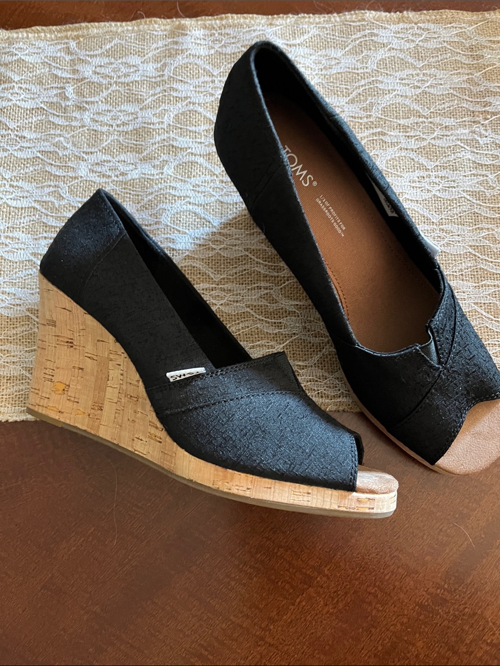 Toms Black Cork Wedge Peep-Toe Espadrille